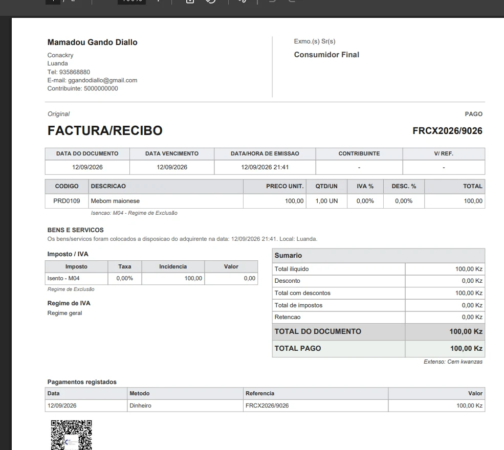 Factura/Recibo real gerada pelo sistema